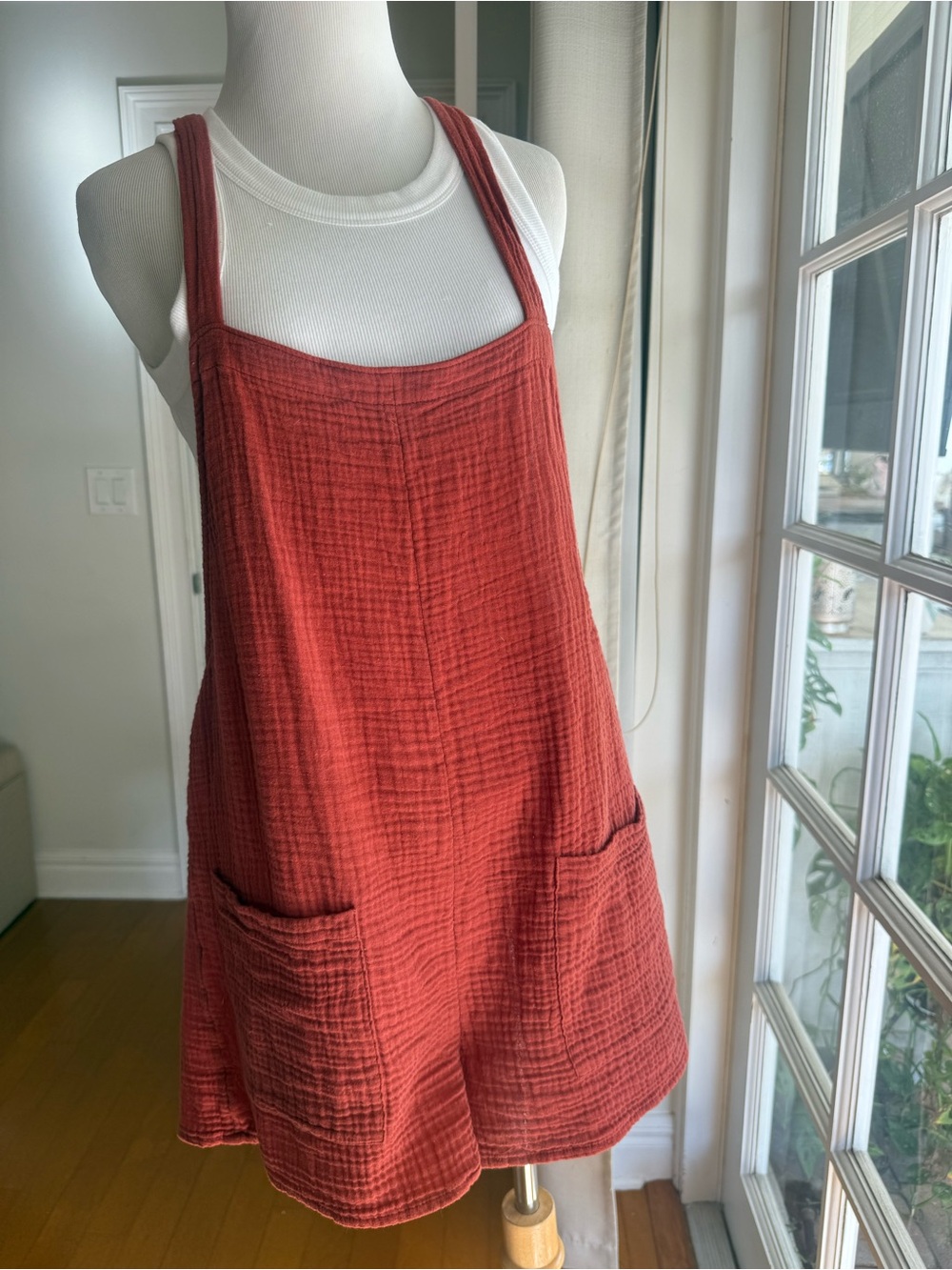 Rust Red Cotton Gauze Pocket shortall romper medium